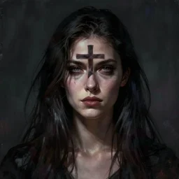 shameless woman whis impudent facial expression,  shadow of the cross, dark and mysterious, atmospheric, trending on artstation, highly detailed, digital painting, volumetric light, concept art, middle focus, illustration