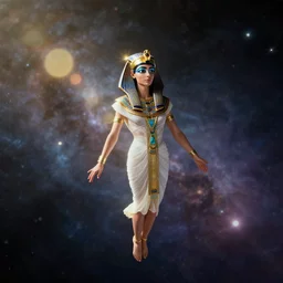 cleopatra floating in the cosmos, cinematic lighting, ray tracing, octane render, long lens, shallow depth of field, bokeh, anamorphic lens flare, 8 k, hyper detailed, 3 5 mm film grain