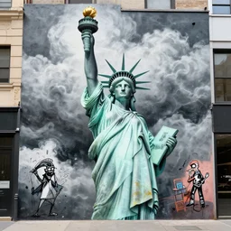 street art of a statue of liberty, tumultuous clouds of smoke by basquiat and ralph steadman, trending on artstation