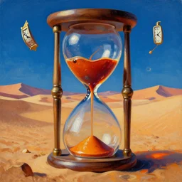 big hourglass, clocks, liquid elements, desert, surrealism, 4 k, colorful, artistic, hyper detailed, intense, intricate, high contrast, concept art, oil painting, highly detailed, lucid dream, dreamlike