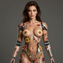 sunny leone as humanoid robot, skin flower pattern, highly detailed, expressive eyes, beautiful symmetric body, perfect proportions, highly intricate, art by tom bagshaw and alex gray