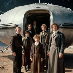 sharp, 35mm still from a sci fi blockbuster movie made in 222, set in 1860, of a family leaving a spaceship, that has just landed on an alien planet, wearing 1850s era clothes, cinematic lighting, 4k, in focus faces, oscar winner, 35mm macro lens