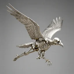 the epic view of a human skeleton flying in a vulture skeleton sculpture in stainless steel by bernini, volummetric light