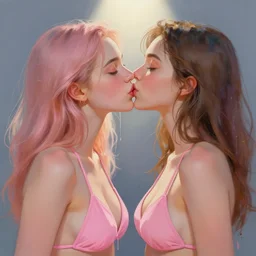 portrait of two beautiful girls kissing, bikinis, intimate, pastel shades of pink, beautiful face, rule of thirds, spotlight, drips of paint, expressive, passionate, by greg rutkowski, by jeremy mann, by francoise nielly, by van gogh, digital painting