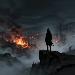 silhouette of hooded figure standing on edge of mountain, large town in distance, night, fire, smoke, digital illustration, high detailed, fantasy, particles, fog, creepy, tintoretto, beksinski, masanori warugai, wlop