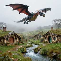 a dragon flying over medieval hobbit homes, ornate, beautiful, atmosphere, vibe, mist, smoke, chimney, rain, well, wet, pristine, puddles, waterfall, clear stream, bridge, orange, green, stained glass, forest, flowers, concept art illustration, color page, 4 k, tone mapping, doll, akihiko yoshida, james jean, andrei riabovitchev, marc simonetti, yoshitaka amano, digital illustration, greg rutowski, volumetric lighting, sunbeams, particles, rembrandt