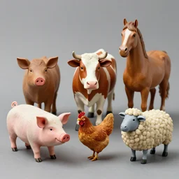statues of a pig, a cow, a horse, a chicken and a sheep