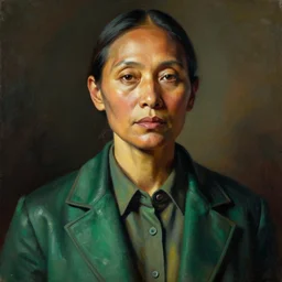 extremely detailed portrait in powerful femininity, ethnic, maturity, realistic face sculpted features, clear eyes, statuesque model, eclectic fashion, structure jacket with collared shirt, warm glow, bathed in light, chiaroscuro, specular highlights, angular impressionism, radiant, deep rich tones, obsidian sand emerald color palette, painterly