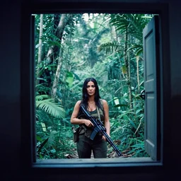 film still, extreme far view, kim kardashian, jungle, vietnam door gunner, apocalypse now, associated press,, 2 6 mm, kodak ektachrome, blue tint expired film.