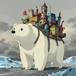 cell shaded cartoon of a giant lovecraftian polar bear from howl's moving castle ( 2 0 0 4 ), with a mechanical city on his back as a backpack, on an icy road, full body, wide shot, very muted colors, post grunge, studio ghibli, highly detailed, deviantart, art by artgem