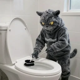 a goon named HurfDurf scrubbing a toilet using a scrub brush, photo realistic, bathroom lighting. 4k, realistic reflections