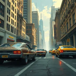 street scene, brutal architecture, retro futuristic cars, low profile tires, lavishly detailed chrome trim, jodhpurs greg manchess painting by sargent and leyendecker, cyberpunk 2 0 7 7 concept intricate elegant illustration forza, by greg rutkowski and greg tocchini and james gilleard and electra highway