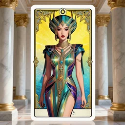 giesha demon, innovative avant - garde art, deco fashion, asian women, photorealistic portrait by michael cheval, vaporwave, crisp quality and light reflections, inside a room with marble columns, transcendent, vibrant color, clean linework, finely detailed, tarot card with ornate border frame, 4 k, trending on artstation, volumetric lighting, octane render
