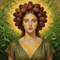 epic painting, upper body portrait of beautiful goddess in olive blouse with with sweet dried dates fruits fractals, medjool dates, dried dates around head,, green tea leaves background, golden glow background, drawing, photography by amy leibowitz, wlop, jeremy lipkin, beeple, intricate golden fractals, brown hair, symmetrical front portrait, artgerm