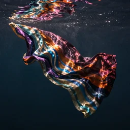 a drape of colorful silk floats underwater