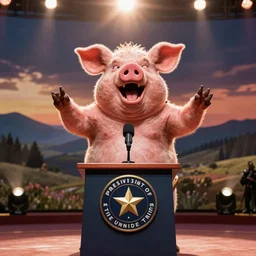 vfx movie angry yelling pigman president of the united states speaking at podium on stage. by emmanuel lubezki