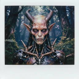 8 0 s colour photograph artistic polaroid of highly detailed portrait of biomechanical demon in magical forest, soft lighting insanely detailed concept art by luis royo, beksinski, boris vallejo, todd mcfarlane, lotr, soft lighting, particle fx renderer photorealistic