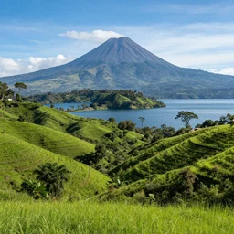 a luscious green scenery, guatemalan lake, volcano in background, high definition, beautiful award winning photography.