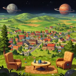 view from a hill overlooking a small town, with farms in the background, on a remote planet, with retro sci fi furniture, from a space themed point and click 2 d graphic adventure game, detailed, set design inspired slightly by hg giger, art inspired by thomas kinkade