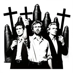 godless politicians holding crosses, bombs on backgruond, stencil art by shag, tom whalen, artgerm, clean bold lines