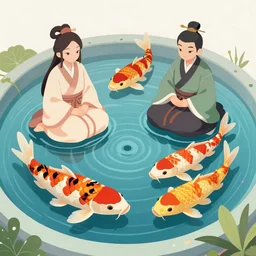 Japanese illustration (digital art) of a koi pond for the koi gods in mystical armour, magical aura, flying particles, trending on artstation