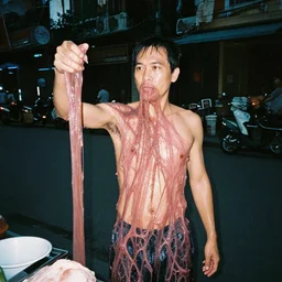 1 9 9 3, disposable camera, flash, pov, saigon street male : creature, standing, meat, ooze, slime, veins, wet
