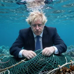 Boris Johnson, under water, tangled in fishing net