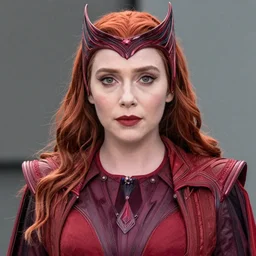 Elizabeth Olsen as the Scarlet Witch, Elizabeth Olsen wearing Scarlet Witch attire and makeup, photorealistic imagery, trending on artstation, 4k, 8k