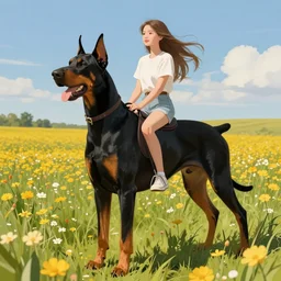 girl riding a giant doberman in a field of flowers, trending on artstation
