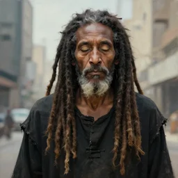 masterpiece painting of a portrait of a long dreadlocks hair egyptian old man, very White blind eyes wearing worn out black clothes in a modern city, featured in artstation, concept art by Greg Rutkowski, WLOP, Dan Mumford, Christophe Vacher