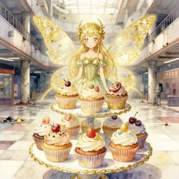 faerie spirit of cupcakes in an abandoned mall. this watercolor and gold leaf work by the award - winning mangaka has a beautiful composition and intricate details.