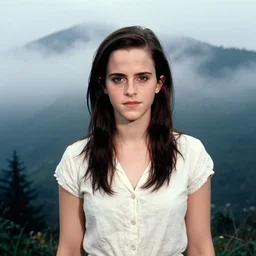 portrait of emma watson, tarkovsky film grain, kodachrome, dense mountains, long black hair, cloth, heavy fog, hudson river school, 4 k, dramatic lighting, sunrise, hayao miyazaki, masashi ando, nizou yamamoto, kazuo oga, joe hisaishi, yoji takeshige, naoya tanaka