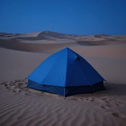 hyper realistic matte painting of a small tent in the desert with dunes at night, blue color scheme, artstation