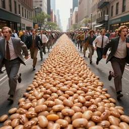 a photograph of a sea of baked beans flowing like a river along the center of a new york street, a large panicking crowd are running towards the camera, by Claes Oldenburg, pop art, 3D render, Volumetric dynamic lighting, Highly Detailed, Cinematic Lighting, Unreal Engine, 8k, HD