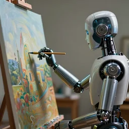 an high resolution photo of an automaton paiting a picture on a canvas, hyper detailed, photography, realistic art, 8 k, unreal engine, octane render, cinematic