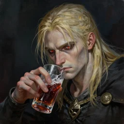 geralt of rivia, drunk, close up, portrait, sinister atmospheric lighting. highly detailed painting by greg rutkowski, anime style