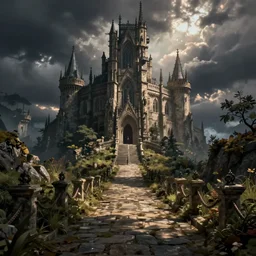 fantasy environment with a path leading to a gothic castle. Atmospheric. Unreal engine. Digital art,