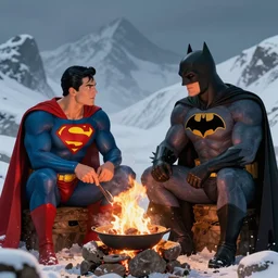 superman and batman sitting in a snowy mountain near fire cooking food and talking in, very artistic pose, background in blurred, perfect lighting. professional design. great composition, illustration, highly detailed, digital painting, concept art, trending on artstation, by katsuya terada