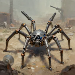 a mechanical spider robot with guns digital painting, mixed media, trending on artstation and deviantart, epic composition, highly detailed, 8 k