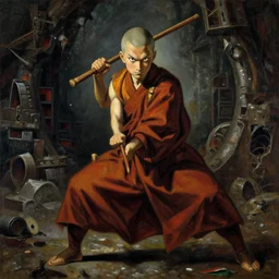 baroque oil painting of key visual portrait concept art of anime monk fighting with a wood weapon in a dungeon, brutalist, dark fantasy, rule of thirds golden ratio, fake detail, trending pixiv fanbox, acrylic palette knife, style of makoto shinkai studio ghibli genshin impact jamie wyeth james gilleard greg rutkowski chiho aoshima