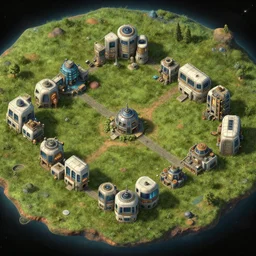 offset overhead view of a small colony, with buildings made from modular capsules, on an alien grassland, on an alien planet, from a space themed point and click 2 d graphic adventure game, set design inspired by hg giger, art inspired by thomas kinkade