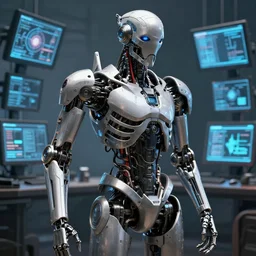 mechanical futurustic skeleton, cyberpunk, hyper realistic, borg, far shot, computers, detailed