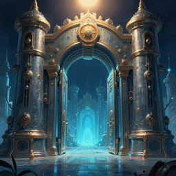 , artstation, octane render, warm top light ， concept art by raphael lacoste ， artgerm and john berkey, smooth, digital painting, surreal, illustration, smooth, dream, sharp focus, symmetric!! vanishing point, huge ， highly detailed, steampunk gate to another dimension ， night, aqua blue, artstation, epic