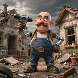 grumpy chunky bald handyman with mechanical drill arms, moustache, in a wrecked home, full body, hyperrealistic digital art masterpiece, highly detailed neo pop surrealism, jason limon kay sage hannah yata, dramatic lighting, low angle, uhd 8 k, sharp focus