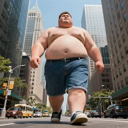 fat man larger than skyscrapers wearing shorts walks around the city, color photography, lots of sunlight, low angle shot, photography, highly detailed, award winning photography, 4 k, highly detailed, trending on artstation