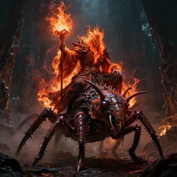 a undead fire mage lord riding ontop a spiky insect lord dramatic lighting cinematic establishing shot extremely high detail foto realistic cinematic lighting post processed