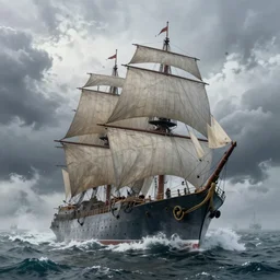 giant enormous sailing battleship, raging sea foggy, dramatic, action scene, stormy background, shipfleet on the horizon, high detail, greg rutkowski, james gurney, gene wolfe, gustave dore, jesper ejsing, rhads, makoto shinkai, ilya kuvshinov