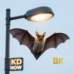 a bat under a street lamp, realistic, award winning, detailed, 8k, HD, hyper realistic, octane render, cycles render