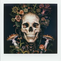 a beautiful detailed front view portrait of a rotten woman corpse becoming a skull with fractal plants and fractal flowers and mushrooms growing around, volumetric light, beautiful lit, polaroid photography