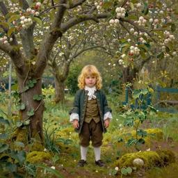 wide - shot, 1 2 years old very cute boy with shoulders - length wavy blond yellowish hair, wearing clothes of 1 8 th century, in the wild garden with apple trees, moss and vines, highly detailed, digital art, oil painting, masterpiece, by greg rutkowski, by mucha, by kinkade